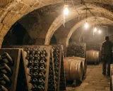 In einem alten Keller lagern Flaschen und Fässer. Ein Mann inspiziert die Reifung, die nach der **méthode champenoise** erfolgt.