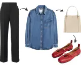 Outfit camicia jeans e pantalone nero: un look casual chic con borsa beige e ballerine rosse.