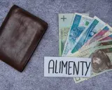 Brązowy portfel obok polskich banknotów i napisu "ALIMENTY". Symbolizuje wsparcie finansowe dla dzieci.