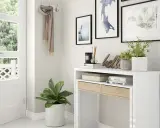 Une entrée accueillante avec un porte-manteau fait maison, des plantes et des tableaux.