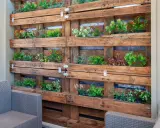 Un **jardín vertical con palets** luce plantas verdes y rojas en un diseño rústico.
