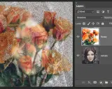 Capas de Photoshop con modo de fusión "Disolver" al 50% para fusionar un retrato con flores.