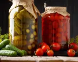 Deux bocaux de conserves, l'un de cornichons, l'autre de tomates, évoquent la culture du cornichon et des produits du jardin.