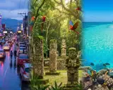 A vibrant collage showcasing the diverse beauty of gay Honduras: a bustling city street, ancient Mayan ruins with macaws, and a diver exploring a colorful coral reef.