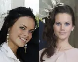 Sofia Hellqvist, före och efter Paradise Hotel. En bild visar henne ung och glad, den andra som en elegant prinsessa.
