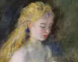Ett drömskt auguste renoir konstverk av en ung kvinna med gyllene hår och slutna ögon, badande i mjukt ljus.