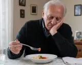 Anziano con demenza senile, appoggiato al cibo, mostra il rifiuto del cibo. La sua mano regge una forchetta con un pezzo di carota.