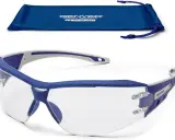 Gafas de seguridad transparentes con montura azul y gris, cumplen la norma EN 166. Incluyen bolsa de tela azul.