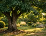 Gros tronc d'un noyer mature dans un jardin ensoleillé. Idéal pour apprendre comment planter un noyer et voir le résultat.