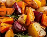 Ugnsrostade rotfrukter med rosmarin, en färgsprakande och smakrik blandning av morötter, rödbetor och potatis.