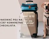 Uśmiechnięty piesek obok walizki i torby podróżnej. Czas na wakacje z psem! Sprawdź, co spakować.