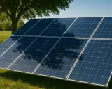 Solceller på en grön äng, med en stor trädskugga som faller över panelerna.