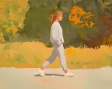 En kvinna i vita kläder promenerar i en park med höstfärger. En stund av aktiv vila i naturen.
