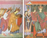 Darstellung der Herrschaft im Mittelalter: Eine Prozession von Frauen mit Kronen und Gaben nähert sich einem Thron, auf dem ein König mit Krone und Reichsapfel sitzt.