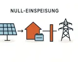 Schema zeigt PV-Anlage, Haus mit Speicher und Strommast. Ziel: PV-Nulleinspeisung, also kein Strom ins Netz.