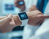 Biały smartwatch na nadgarstku pokazuje niski puls 47. Dłoń dotyka ekranu, sprawdzając parametry zdrowotne.