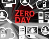 Rote Schriftzüge "ZERO DAY" vor einem Hintergrund mit Cyber-Symbolen wie Lupe, Hacker, Computer und offenes Schloss. Ein zero day exploit ist hier das Thema.