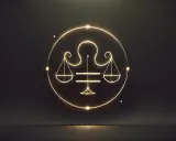 Złoty symbol Wagi, symbol 11. domu astrologii, świeci na ciemnym tle.