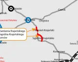 Mapa drogowa z zaznaczoną trasą DK25 obwodnica Sępólna Krajeńskiego. Widoczne miejscowości: Człuchów, Kamień Krajeński, Sępólno Krajeńskie.