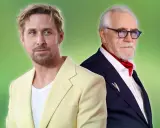 Two men in colorful cocktail attire. Ryan Gosling in a pale yellow suit, Brian Cox in a navy suit with a red ascot.