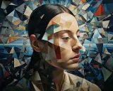 Portret kobiety, której twarz i ciało są fragmentowane w geometryczną projekcję. Tło to abstrakcyjny krajobraz morski.