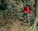 Mężczyzna w czerwonej kurtce i zielonej czapce z plecakiem wspina się po kamienistym, leśnym szlaku, używając kijków. To jest właśnie trekking!