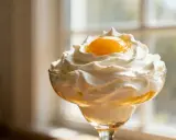 Dessert crémeux avec chantilly mascarpone aérienne et une touche de jaune d'œuf. Parfait pour conserver la fraîcheur.