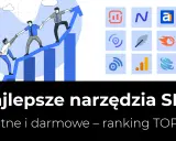 Zespół wspina się po wykresie, symbolizując sukces dzięki najlepszym narzędziom SEO. Ikony reprezentują różne funkcje.