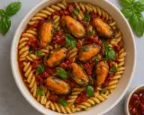 Pasta fusilli con mejillones y salsa de tomate casera, decorada con hojas de albahaca fresca. Un plato delicioso y lleno de sabor.