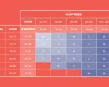 Bra size chart showing band sizes (32-42) and cup sizes (XS-XXL) with corresponding measurements in CMS and inches.