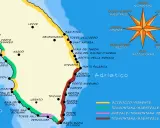 Mappa del Salento con le coste ionica e adriatica, evidenziando località e venti. Un viaggio ideale nel Salento mare.