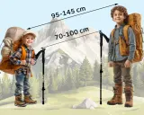 Dwóch chłopców z plecakami i kijki w góry. Mniejszy ma 95 cm, większy 145 cm. Wskazówki dotyczące długości kijków: 70-100 cm i 95-145 cm.