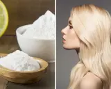 Bicarbonato in ciotola e cucchiaio, accanto a una donna con capelli biondi luminosi. Un rimedio naturale per la cura dei capelli.