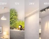 Różne rodzaje oświetlenia: lampa wisząca 230V, ogrodowa 12V, liniowa 24V i reflektory 48V. Różne napięcie znamionowe, różne zastosowania.