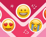 Emojis representan el ciclo menstrual fases emocionales: feliz, enamorado, llorando, enfadado y cool.
