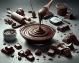 Une cuillère en bois verse une sauce chocolat onctueuse dans un bol en verre. Des carrés de chocolat, du sucre et un rouleau à pâtisserie complètent cette scène gourmande.