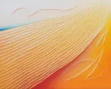 Abstract Gutai art with flowing orange and yellow lines, evoking sand dunes or rippling water.