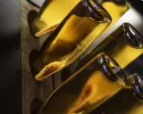 Flaschen mit Hefeablagerungen, bereit zum Degorgieren. Der Prozess des Degorgierens entfernt unerwünschte Sedimente aus Schaumwein.