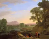 Idyllische renaissance landschaftsmalerei mit Figuren, die am Flussufer rasten, Pferde auf einem Feld und eine Stadt in der Ferne.