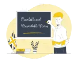 Nauczyciel pisze na tablicy "Countable and Uncountable Nouns". Obok flagi Wielkiej Brytanii i książek do nauki angielskiego.