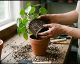 Mains terreuses tenant une plante aux racines bien développées, prête à rempoter dans un pot en terre cuite.