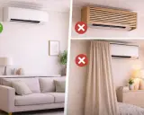 Guía visual: cómo instalar aire acondicionado correctamente. Evita obstrucciones y cubiertas que impidan su funcionamiento óptimo.