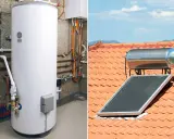 Système de chauffe eau solaire fait maison : un ballon blanc dans une pièce technique et un panneau solaire sur un toit de tuiles.