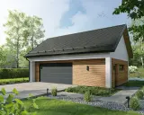 Nowoczesny budynek gospodarczy projekt 35m2 z drewnianą elewacją i dużym garażem. Otoczony zielenią, z podjazdem i ścieżką.
