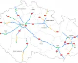 Mapa autostrad w Czechach z zaznaczonymi głównymi miastami i numerami dróg.