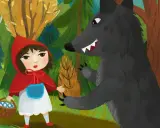 Cappuccetto Rosso incontra il lupo nel bosco, un classico esempio di "lupus in fabula significato" dove il pericolo appare quando meno te lo aspetti.