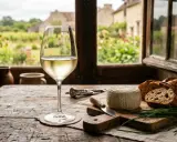 Ein Glas Weißwein, typisch für die Sancerre Rebsorte, steht neben Brot und Käse vor einem Fenster mit Blick auf ein ländliches Anwesen.