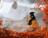 Jeździec w jesiennym krajobrazie, z zamkiem na wzgórzu w tle. To scena z gry Ghost of Yotei PC.