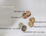 Confronto visivo: oro giallo, rosa e bianco in diverse carature. La differenza tra oro bianco e oro giallo è evidente nei toni.