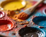Pędzel miesza farby na palecie, tworząc odcienie, by uzyskać kolor brązowy.